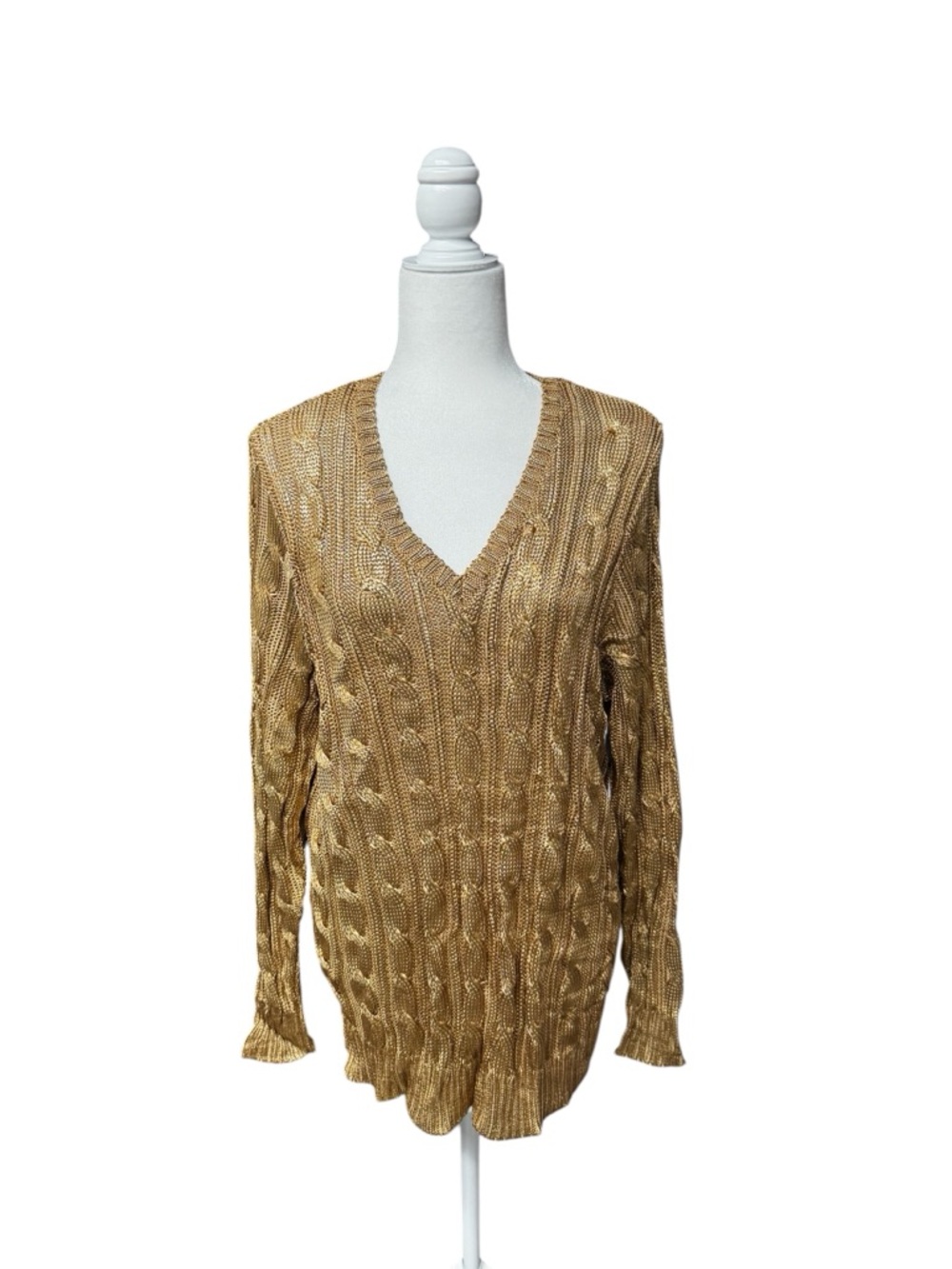 Lauren Ralph Lauren Gold metallic Cable Knit V-Neck Sweater size 3x Womens lux